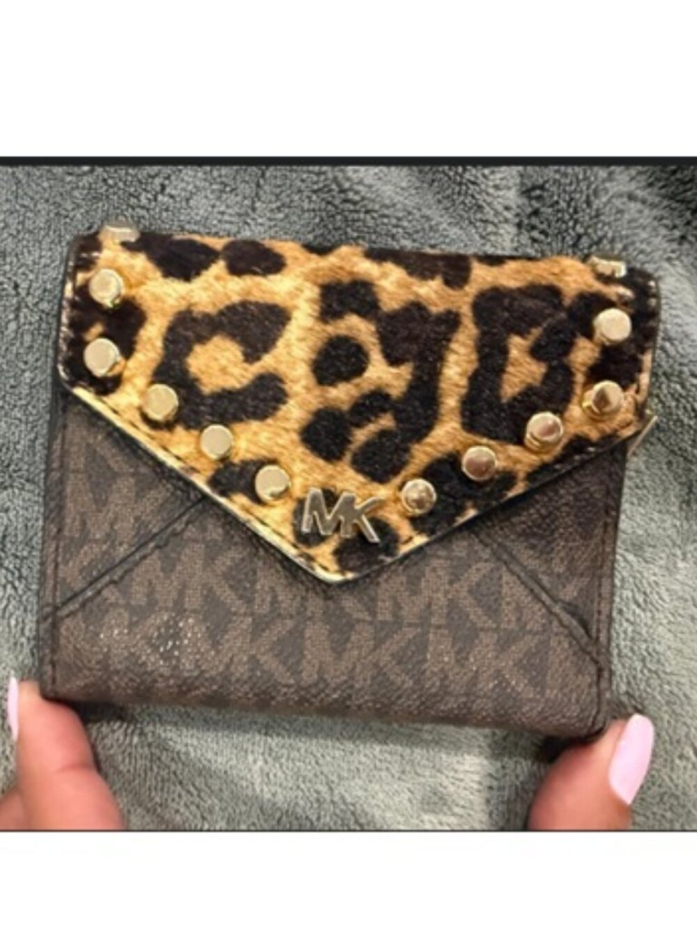 MICHAEL KORS MOTT BROWN MULTI LEATHER LEAPARD PRINT ENVELOPE TRI FOLD WALLET